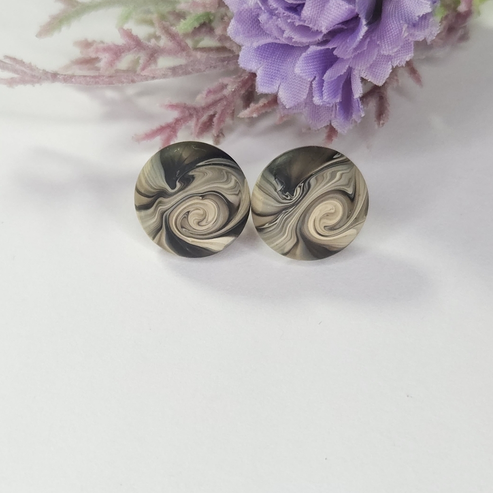 White Silver & Black Swirl Resin Gold Plated Post Earrings - Picture 7 of 9